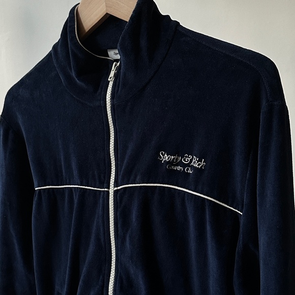 Sporty & Rich Script Cotton Velour Track Jacket - Navy Blue/Cream M - Picture 4 of 8